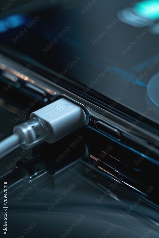A close-up shot of a cell phone connected to a USB cable. This image can be used to illustrate technology, connectivity, or charging devices A close-up shot of a cell phone connected to a USB cable. This image can be used to illustrate technology, connectivity, or charging devices