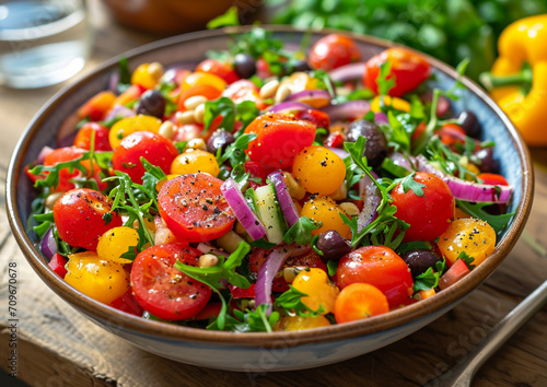 A Mediterranean salad from a low angle, using natural sunlight to bring out the freshness. 