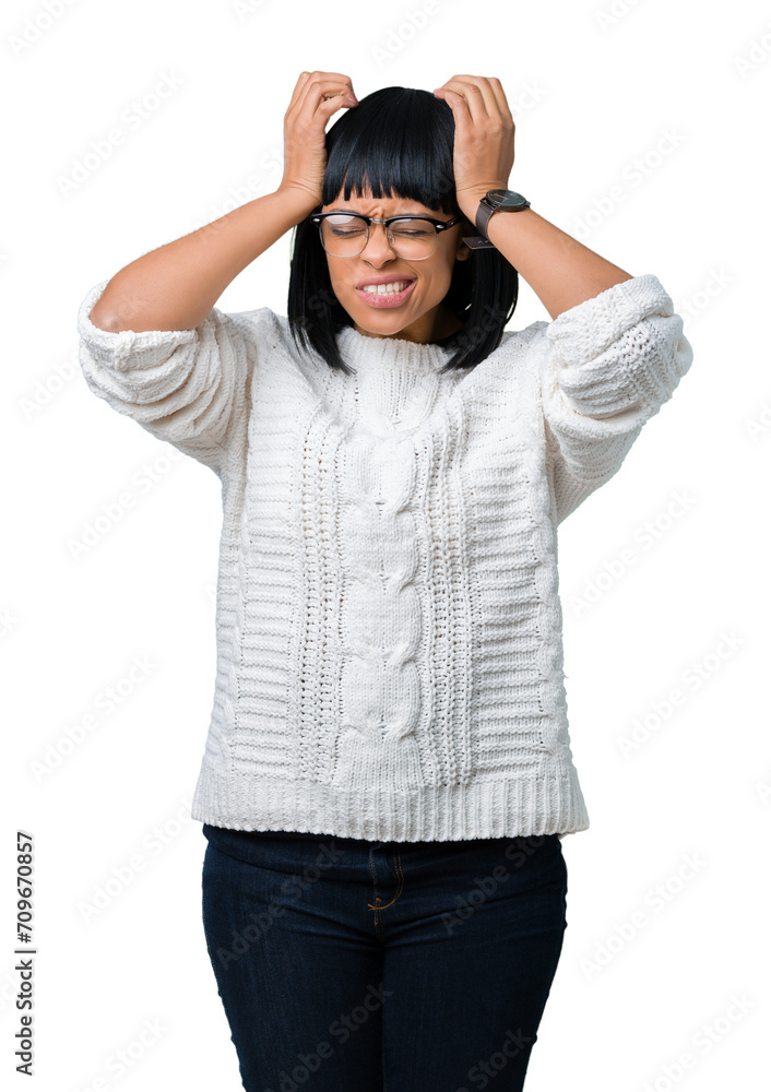 Beautiful young african american woman wearing glasses over isolated background suffering from headache desperate and stressed because pain and migraine. Hands on head. Beautiful young african american woman wearing glasses over isolated background suffering from headache desperate and stressed because pain and migraine. Hands on head.