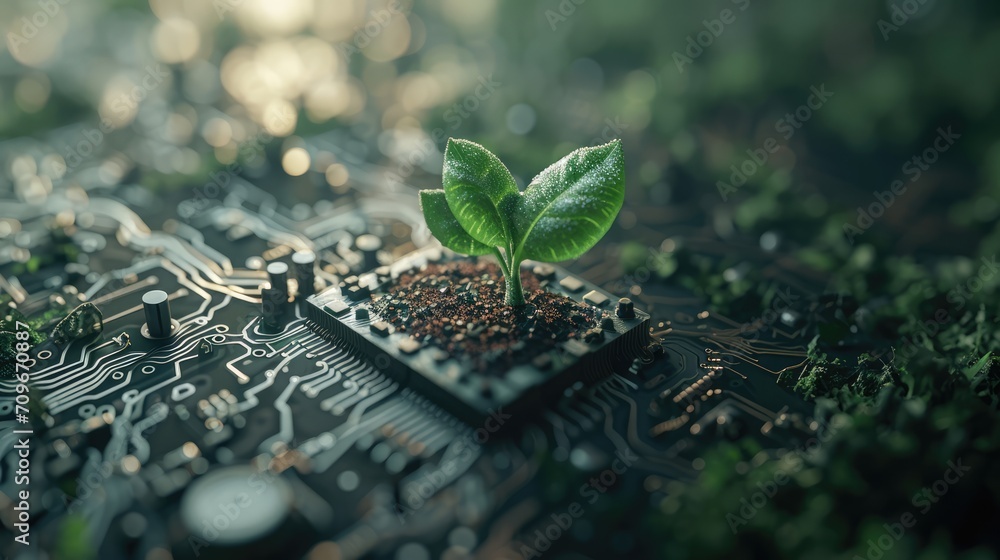 Generative AI, Plant growing from the circuit board. Ecology and environment concept	
 - obrazy, fototapety, plakaty 