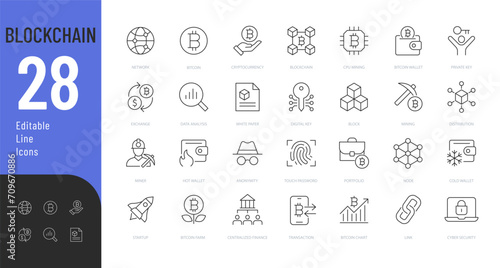 Blockchain Line Editable Icons set. Vector illustration in modern thin line style of distributed ledger technology related icons: mining, e-wallets, cryptocurrency, and more. Isolated on white.