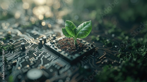 Generative AI, Plant growing from the circuit board. Ecology and environment concept	
 photo