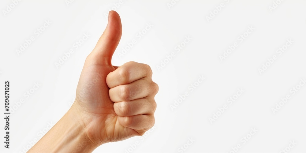 Hand with thumb up gesture on a white background. Can be used to convey approval or positivity in various contexts