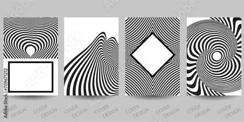 Black and white minimal geometric backgrounds set.Striped geometric pattern with visual distortion effect. For printing on covers, banners, sales, flyers. modern design. Vector. photo