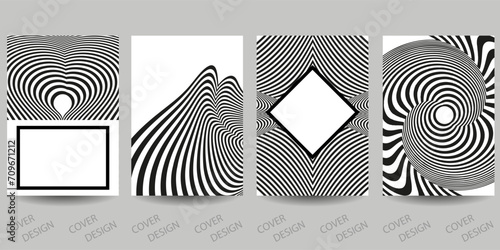 Black and white minimal geometric backgrounds set.Striped geometric pattern with visual distortion effect. For printing on covers, banners, sales, flyers. modern design. Vector.