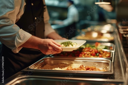 A person serving food in a buffet. Ideal for use in catering events or restaurant promotions photo
