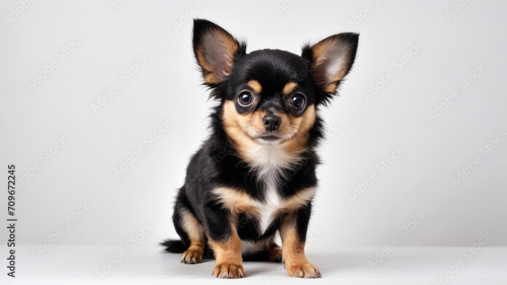 Black and tan long coat chihuahua dog on grey background Black and tan long coat chihuahua dog on grey background