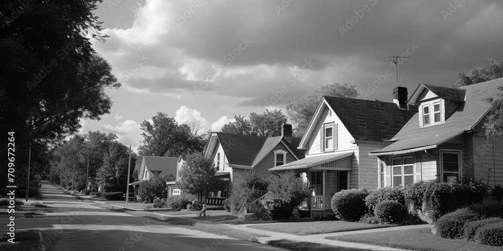 A black and white photo showcasing a residential neighborhood. Suitable for various applications A black and white photo showcasing a residential neighborhood. Suitable for various applications