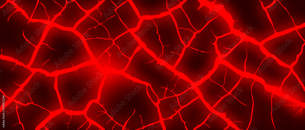 Vector glowing red fiery cracks. Broken earths crust. Graphic volcanic magma. Wallpaper or background. - obrazy, fototapety, plakaty 