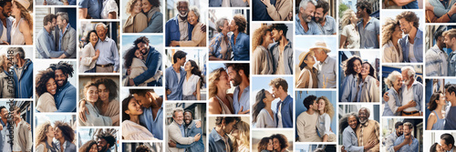 Collage of photos of diverse heterosexual and homosexual couples on a white background. Valentine's Day backdrop photo