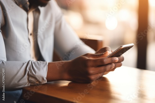 African man using smartphone while sitting at the wooden table. Blurred background. Closeup male hands touching mobile phone.