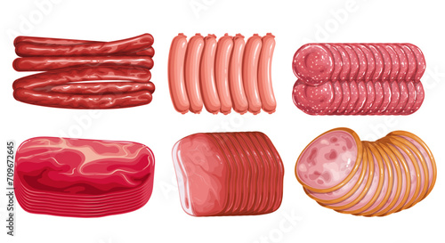 Sausages set vector illustration. Cartoon isolated top view of different delicatessen meat product collection, whole wieners and sliced smoked sausages, pieces and thin slices of prosciutto and ham