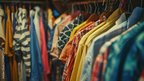 A collection of shirts hanging on a rack. Suitable for showcasing different styles and colors of shirts.