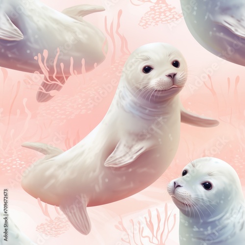 Seal cute plush Seamless Pattern. Fluffy, furseal tile in pastel colors. Illustration with seals, animal background for textile, fabric, wrapping paper. photo
