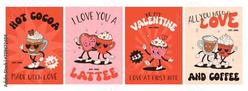 Valentine's Day set of funny vintage characters. Happy and cheerful retro. Old animation 60s 70s, groovy cartoon characters of coffee and sweets, donut, cupcake, espresso, latte, cocoa, cake. present.