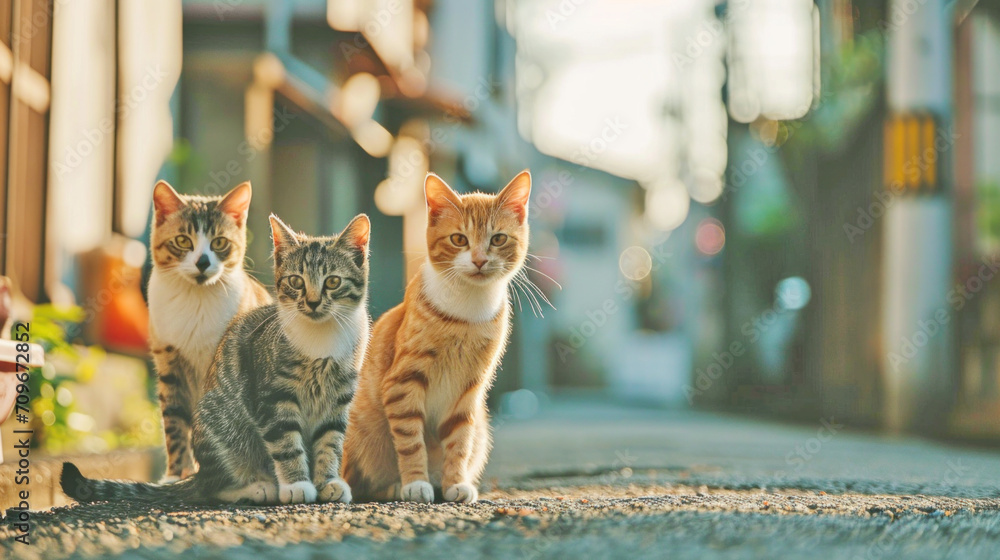 Street cat trio in morning light. AI generated. - obrazy, fototapety, plakaty 