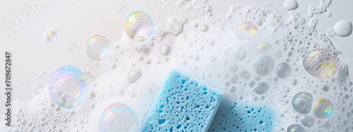 Blue sponge and sparkling soap bubbles on white background. Cleaning concept, banner for eco-friendly article or for cleaning service. photo