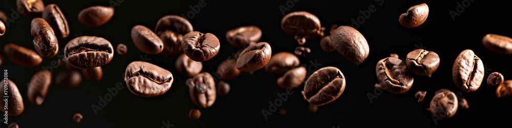 Obraz na płótnie a falling coffee bean banner, roasted coffee bean on the air isolated on a black background, International Coffee Day concept w salonie