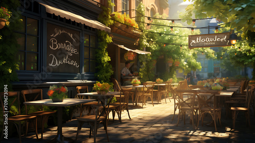 Imagine a charming outdoor cafe scene with "Summer 2024" displayed on a chalkboard, capturing the warm and inviting atmosphere of the season © Love Mohammad