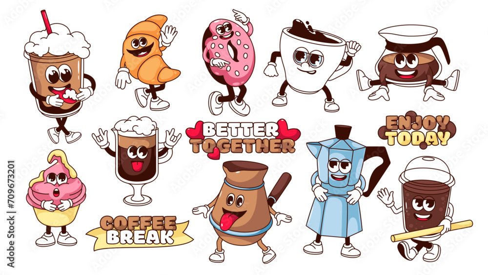 Groovy coffee break cartoon characters set. Funny hot coffee cups and breakfast cupcake, croissant and donut in cafe menu and pots cartoon mascots, stickers collection of 70s 80s vector illustration Groovy coffee break cartoon characters set. Funny hot coffee cups and breakfast cupcake, croissant and donut in cafe menu and pots cartoon mascots, stickers collection of 70s 80s vector illustration