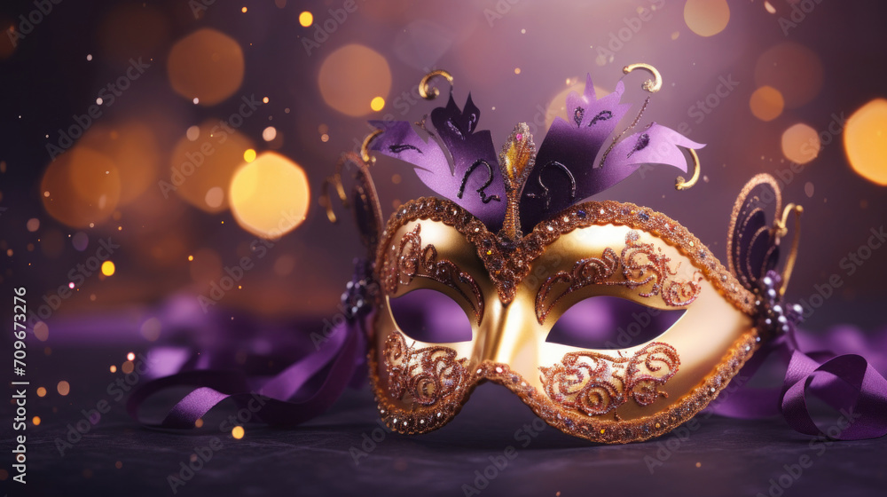A luxurious Venetian mask with golden ornaments and purple feathers, set against a bokeh light background.