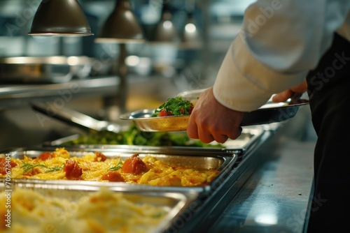 A person serving food in a buffet line. Suitable for catering, events, and food service industries photo
