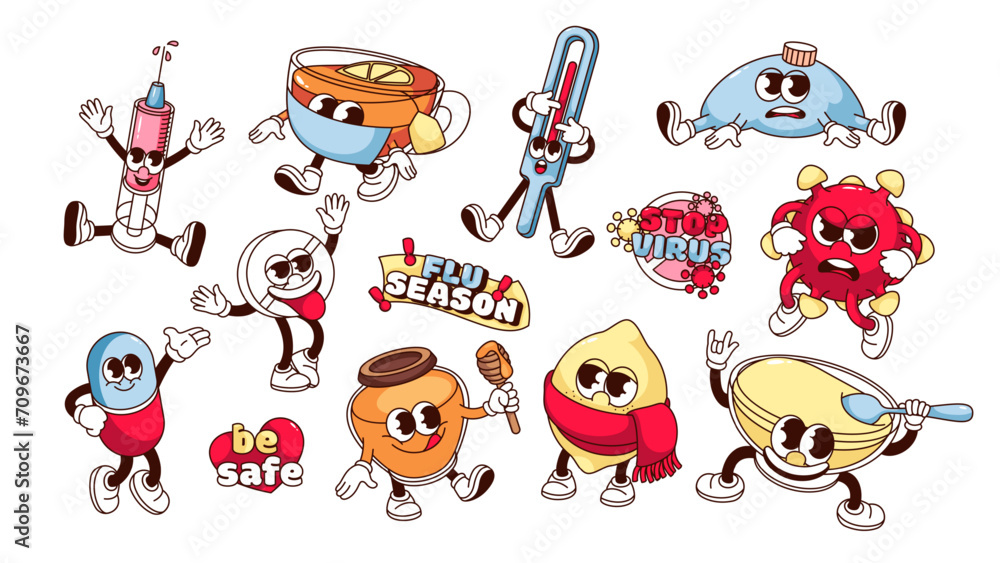 Fototapeta premium Groovy cartoon characters set of cold and flu treatment. Funny retro stickers of natural remedy to care and heal sick people with flu, cartoon mascots, typography patch of 70s 80s vector illustration