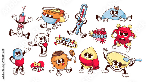 Groovy cartoon characters set of cold and flu treatment. Funny retro stickers of natural remedy to care and heal sick people with flu, cartoon mascots, typography patch of 70s 80s vector illustration