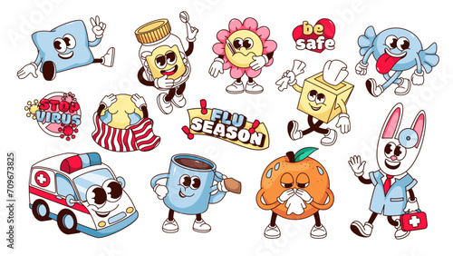 Groovy cartoon sick characters, text stickers for cold and flu treatment. Funny retro collection of ambulance, doctor and mascots with virus and bacteria infection 70s 80s style vector illustration