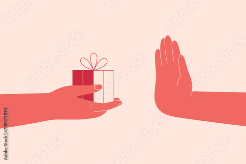 Person denies a gift from another. Colleague or friend has trouble getting presents. Stop hand signal for compliments and caring. Human arm blocks to receiving caring and love. Vector illustration