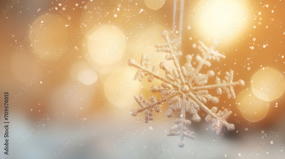 A large golden snowflake hangs on a festive ribbon on a golden shimmering background, on the side, a place for text, background. A large golden snowflake hangs on a festive ribbon on a golden shimmering background, on the side, a place for text, background.