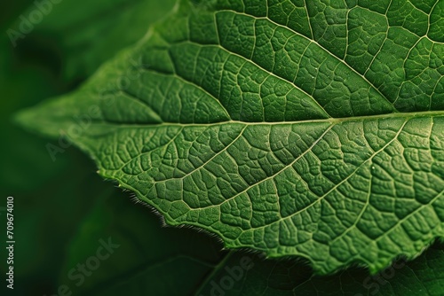 A detailed close-up view of a single leaf on a plant. This image can be used to showcase the intricate details of nature or to illustrate concepts related to botany and the environment