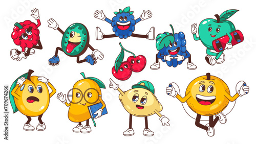 Groovy fruit cartoon characters set. Funny raspberry kiwi cherry apple orange lemon mango. Retro fruit and berry cartoon mascots, food stickers and emoticons of 70s 80s style vector illustration