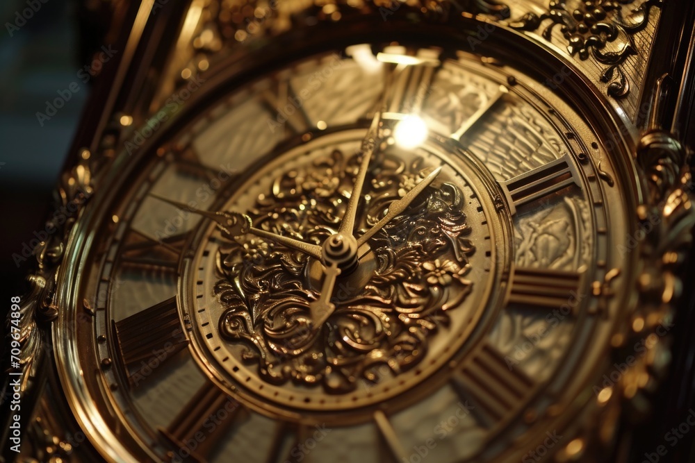 Obraz premium A gold clock with Roman numerals on the face. Suitable for time-related concepts or vintage-themed designs