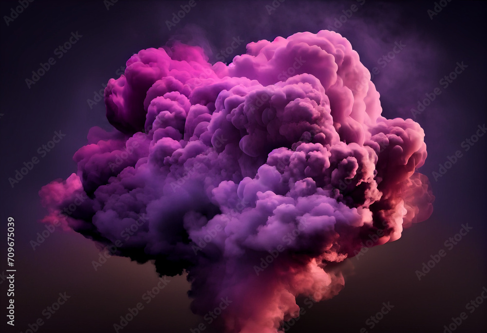 Purple and pink smoke cloud is in the air with a black background. Purple and pink smoke cloud is in the air with a black background.