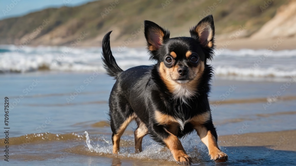 Black and tan long coat chihuahua dog playing on the beach Black and tan long coat chihuahua dog playing on the beach