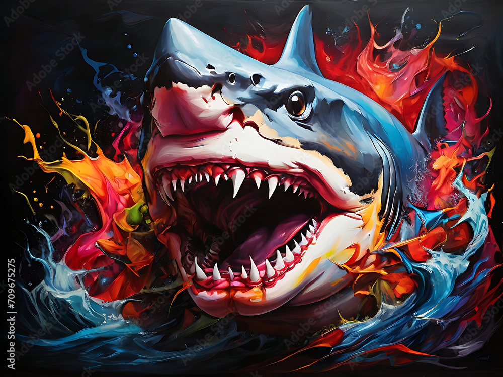 painting of an aggressive shark with vibrant colors on a dark canvas painting of an aggressive shark with vibrant colors on a dark canvas