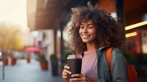 Smiling Curly-Haired Woman in Casual Jacket Enjoying Fresh Detox Vegetable Smoothie. Radiant Joy, Healthy Diet, and Leisurely City Stroll Capture the Vibrancy of a Balanced Lifestyle photo