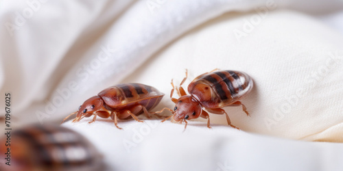 Close-up view of a bedbug infestation on white fabric, a concerning issue for home and hospitality cleanliness. photo