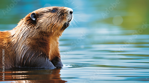  a close-up of a beaver, a symbol of Canada's wildlife, with a background of a clear blue lake, creating an endearing image for a Canada Day 2024 card © Love Mohammad