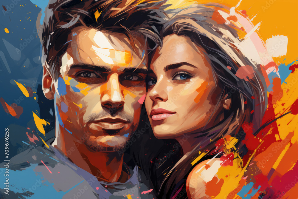 Fototapeta premium Couple in love hugging in pop art style