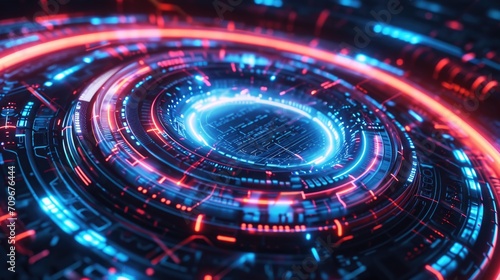 A futuristic circular design featuring red and blue lights. This image can be used to depict a modern and technologically advanced concept