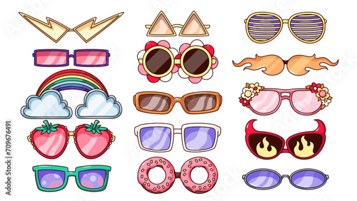 Groovy cartoon sunglasses set in retro hippy style. Funky eyewear with flowers and psychedelic rainbow, heart and fire, round and star shape. Sunglasses cartoon stickers of 60s 70s vector illustration