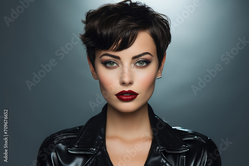 beautiful young woman with short pixie crop hairstyle on a gray background photo