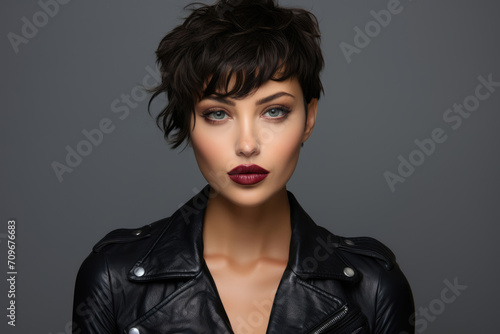 beautiful young woman with short pixie crop hairstyle on a gray background