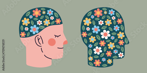 Head with flowers. Human silhouette with floral print. Mental health. Emotional condition and harmony