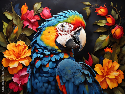 painting of macaw parrot with vibrant colors on dark canvas