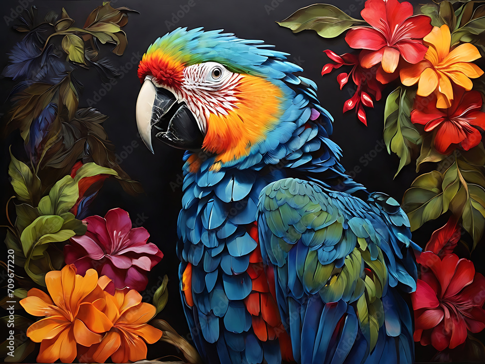 Obraz premium painting of macaw parrot with vibrant colors on dark canvas