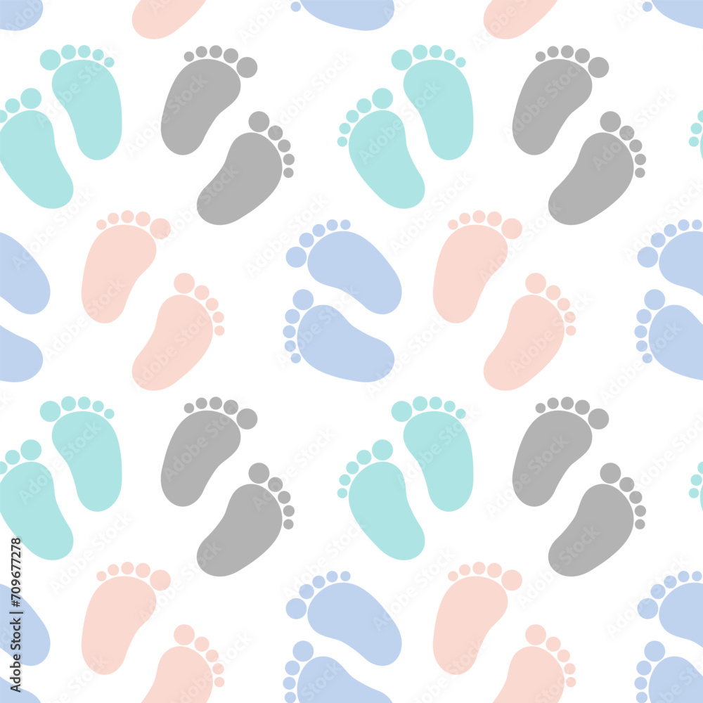 Seamless pattern, baby footprints with hearts on a white background. Background, print, textile, vector