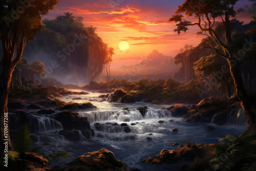 Tropical scenic waterfall at sunset
